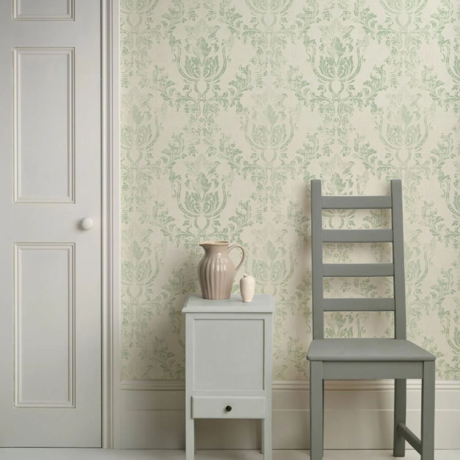 Herbal Wallpaper - Vintage Green Damask Wallpaper Roll, Peel